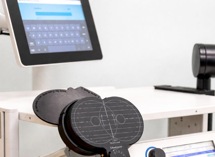 Vision therapy workstation featuring Eschenbach occluder and ophthalmic diagnostic interface for precision eye assessments.