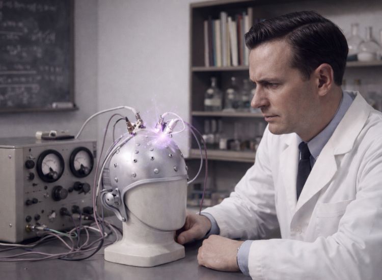 Scientist in lab coat monitors mannequin head with glowing electrode helmet, wired to vintage lab equipment in a neuroscience experiment.