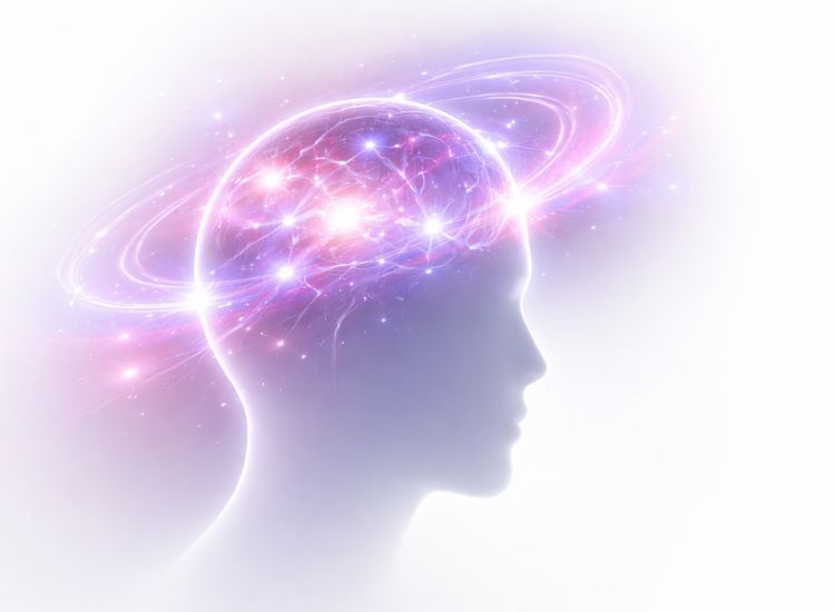 Silhouette of a human head with glowing neural pathways and cosmic rings, symbolizing cognition, intelligence, and mental expansion.