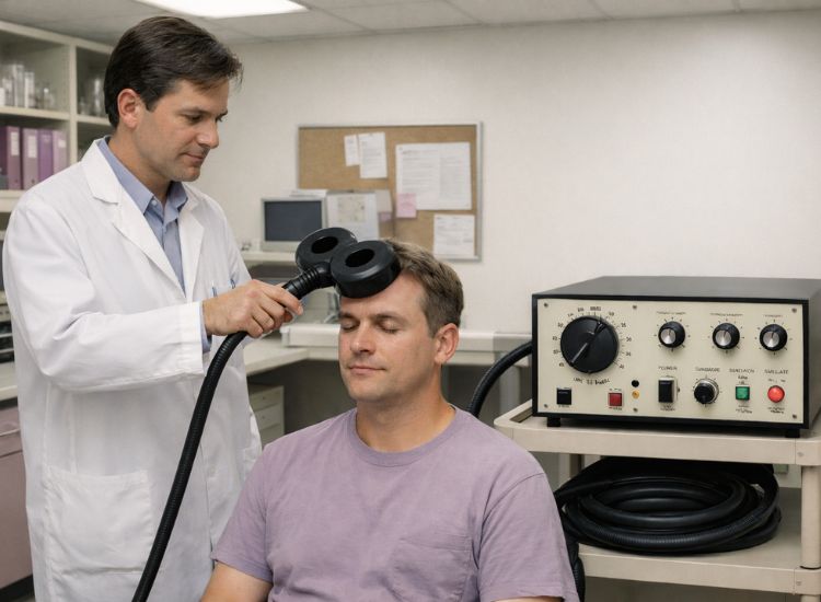Clinician administers TMS therapy using a circular coil device on a relaxed patient’s forehead in a medical setting.
