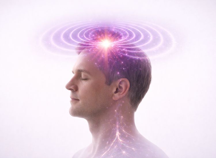 Person in meditative pose with glowing forehead and neural light path, symbolizing inner energy and spiritual focus.