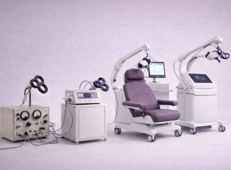 Progression of TMS machines from analog to advanced digital systems with robotic arms and patient chairs in a clinical setting.