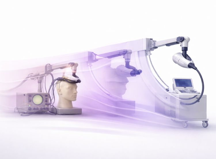 Robotic arm positions brain stimulation device over mannequin head, with purple waves symbolizing neural activity.