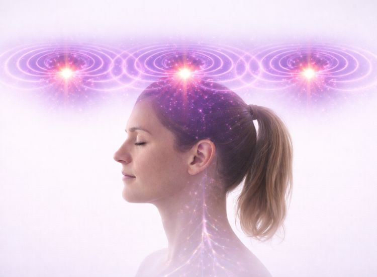 Person in meditation with glowing energy field above head and neural light patterns flowing from head to neck.