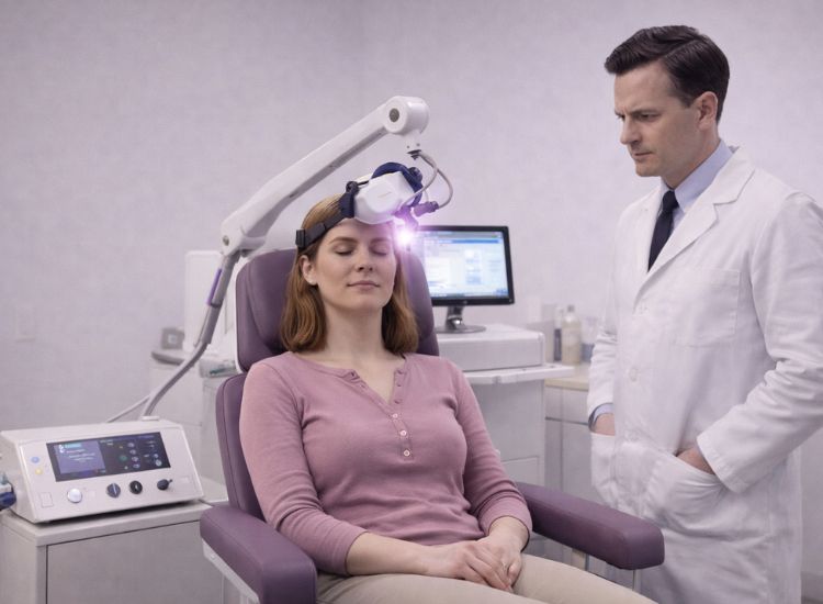 Woman receives forehead-based neurological therapy in a clinical setting, observed by a clinician with advanced equipment