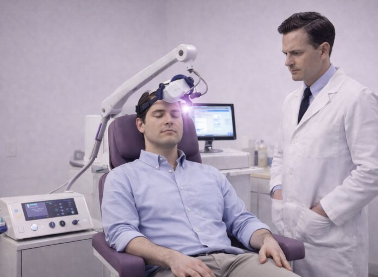 Man receives forehead-based neurological therapy in a reclining chair while clinician monitors equipment in clinical setting.