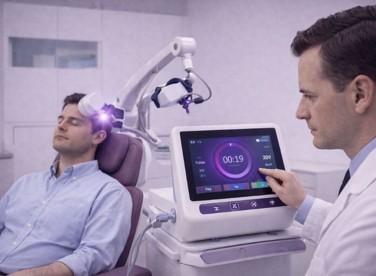 Patient receives TMS therapy in a reclining chair while clinician operates touchscreen device in a modern treatment room.