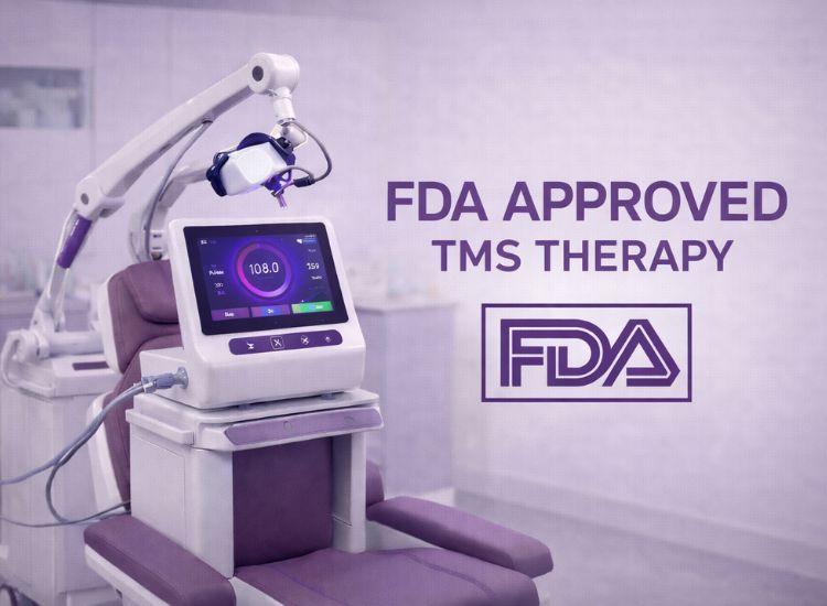 FDA-approved TMS therapy setup with coil arm, digital screen, and treatment chair in a clean clinical environment.