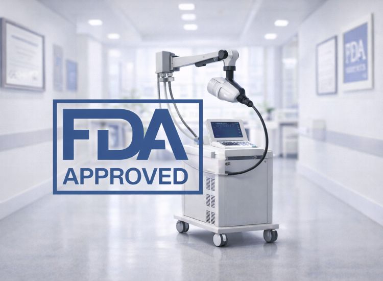 FDA-approved medical device with robotic arm and control panel in a clean clinical hallway with framed certifications