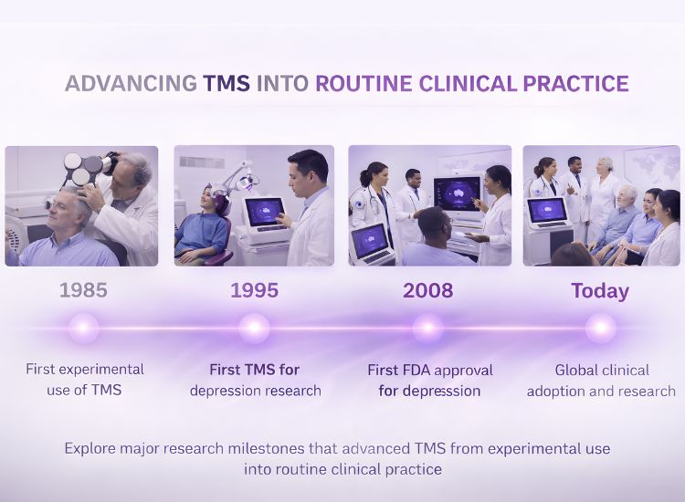 Timeline showing TMS milestones from 1985 to today, with clinical images and bold title on routine medical adoption.