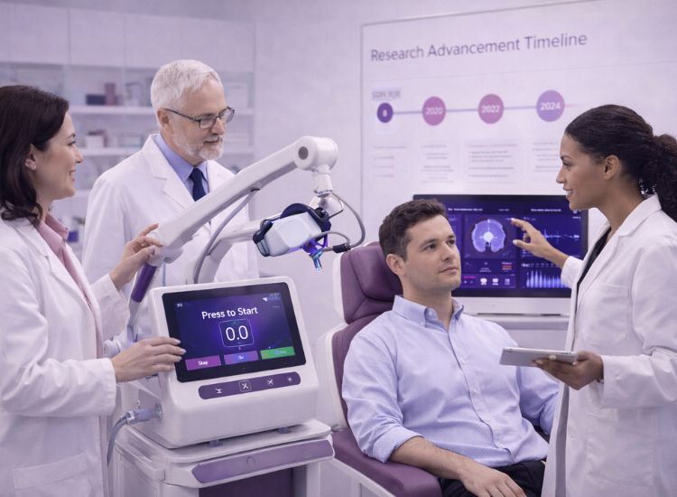 Medical team monitors brain stimulation procedure on seated patient under device with “Press to Start” interface and timeline display.