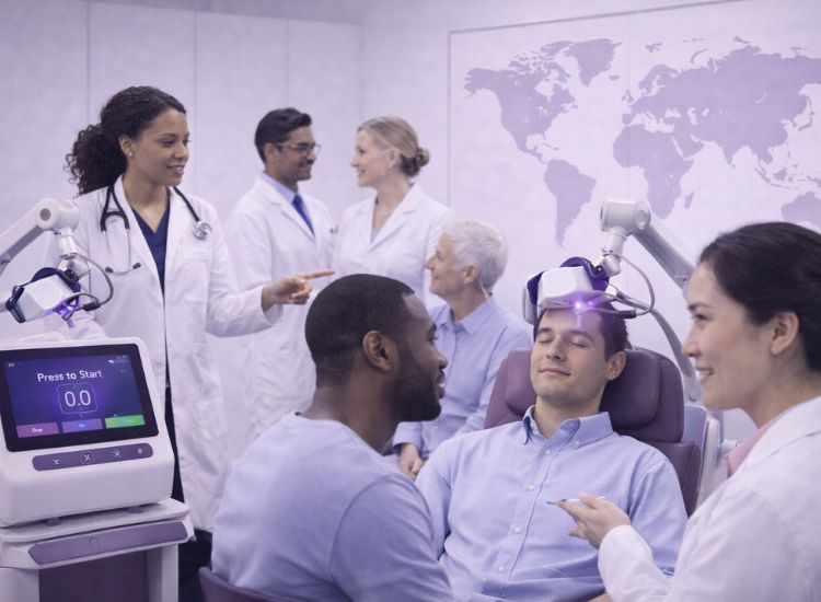 Healthcare professionals observe two patients receiving purple-light brain therapy under head-mounted devices in clinical setting.