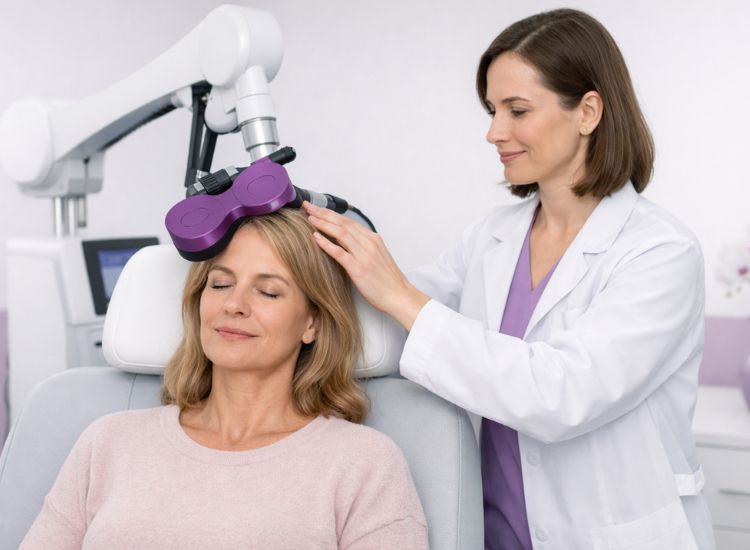 Healthcare provider adjusting a transcranial magnetic stimulation (TMS) device over a seated patient’s head during a therapeutic session.