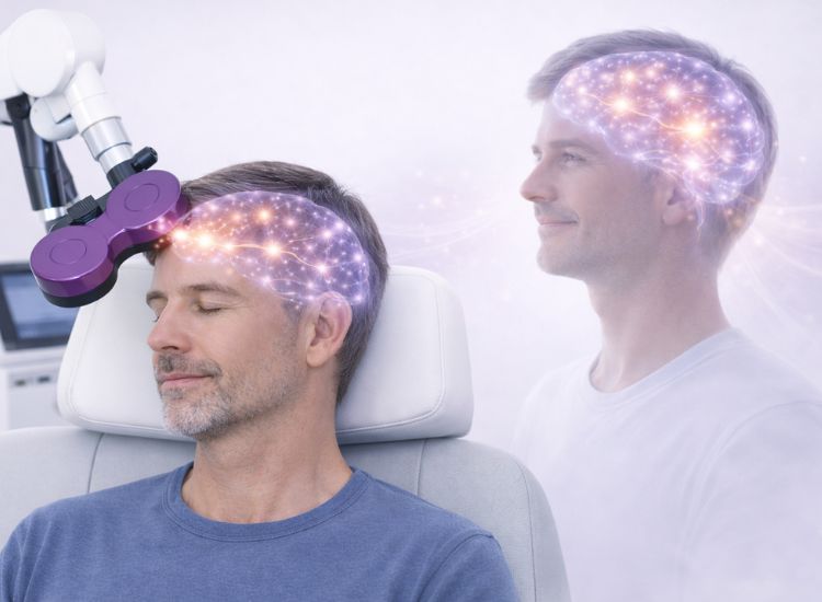 Man seated with eyes closed undergoing transcranial magnetic stimulation (TMS) therapy, with visualized glowing brain activity indicating cognitive enhancement and emotional improvement.