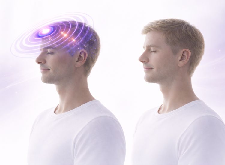Two identical individuals with closed eyes stand side by side in white shirts; one displays a glowing cosmic spiral emanating from the forehead, symbolizing imagination or higher consciousness, while the other remains visually neutral.