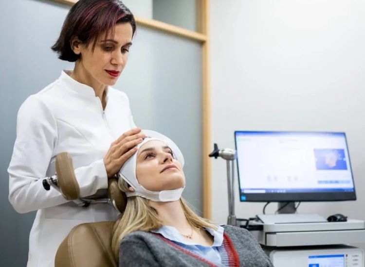 Healthcare professional in a white coat attending to a reclined patient wearing medical headgear for brain stimulation, with a computer monitor displaying treatment software in the background.