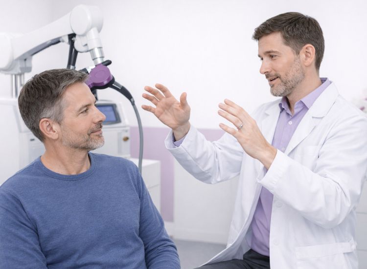 Healthcare professional in white coat explaining a procedure to a seated patient in a clinical setting with advanced robotic equipment in the background.