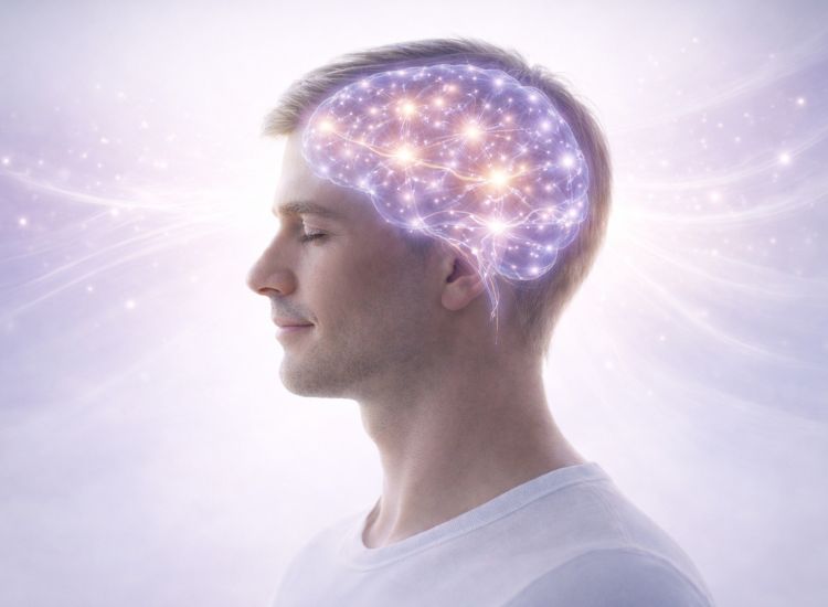 Side profile of a calm person with closed eyes, featuring a glowing digital brain illustration symbolizing neural activity and mental clarity.