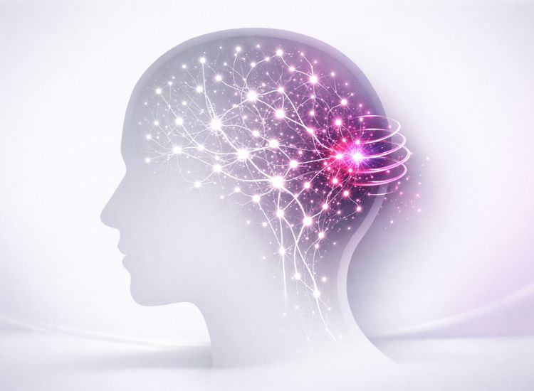 Stylized profile of a human head with glowing neural nodes and lines forming a network, highlighting brain activity and cognitive stimulation.