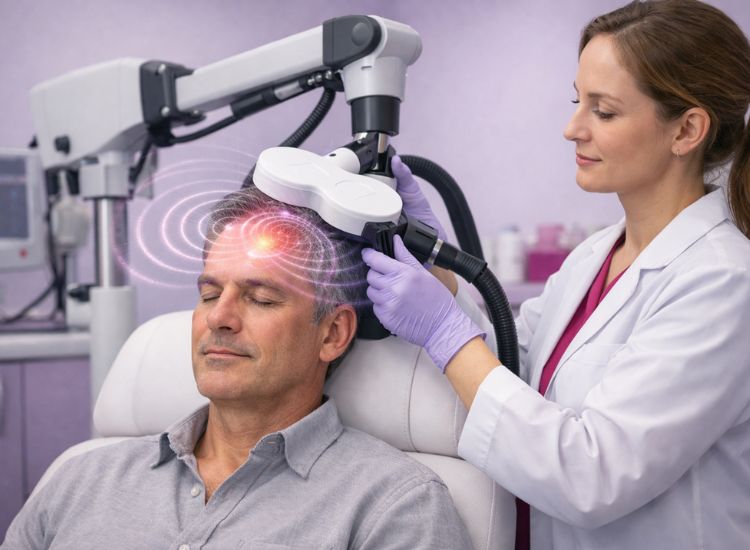 Man receiving transcranial magnetic stimulation (TMS) therapy as a clinician operates a forehead-positioned device emitting illustrated concentric waves to indicate brain stimulation.