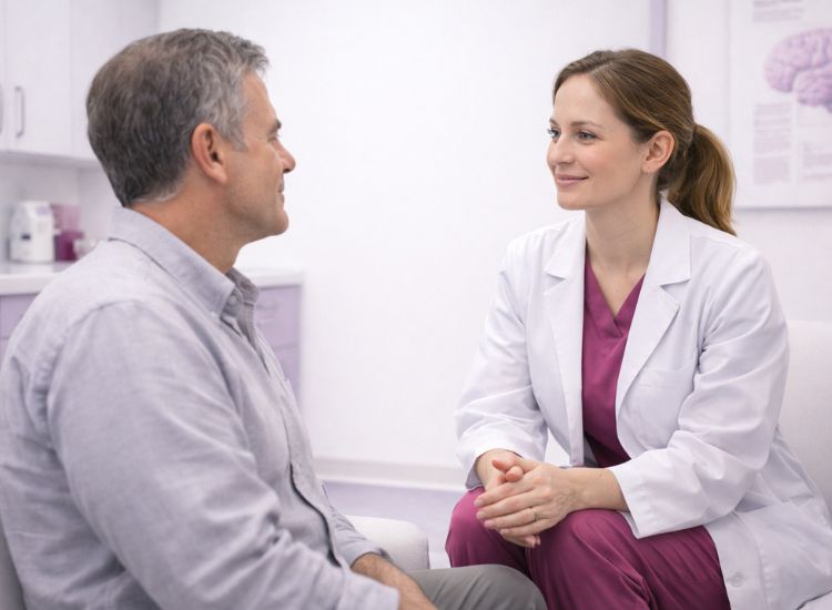 Healthcare professional in white coat and maroon scrubs seated across from a middle-aged patient during a medical consultation, with brain-related posters visible in the clinical background.