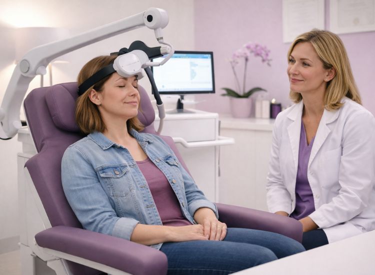 Woman seated with eyes closed undergoing transcranial magnetic stimulation (TMS) therapy, while a clinician in a white coat monitors the procedure in a modern medical office