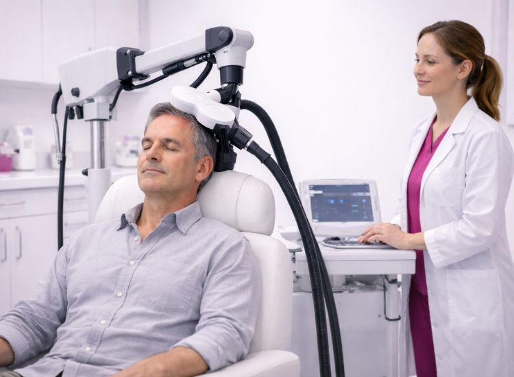 Man seated with eyes closed undergoing transcranial magnetic stimulation (TMS) therapy, while a clinician in a white coat monitors the procedure using a computer system in a clinical setting.