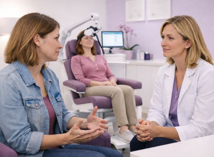Three women in a modern medical clinic: a healthcare provider in a white coat consults with a seated patient, while another woman undergoes treatment in a specialized chair with a head-mounted device.