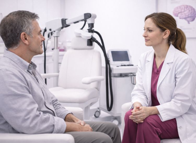 Healthcare professional in white coat and maroon scrubs consulting with a seated patient in a clinical room equipped with neurological treatment devices and a brain anatomy