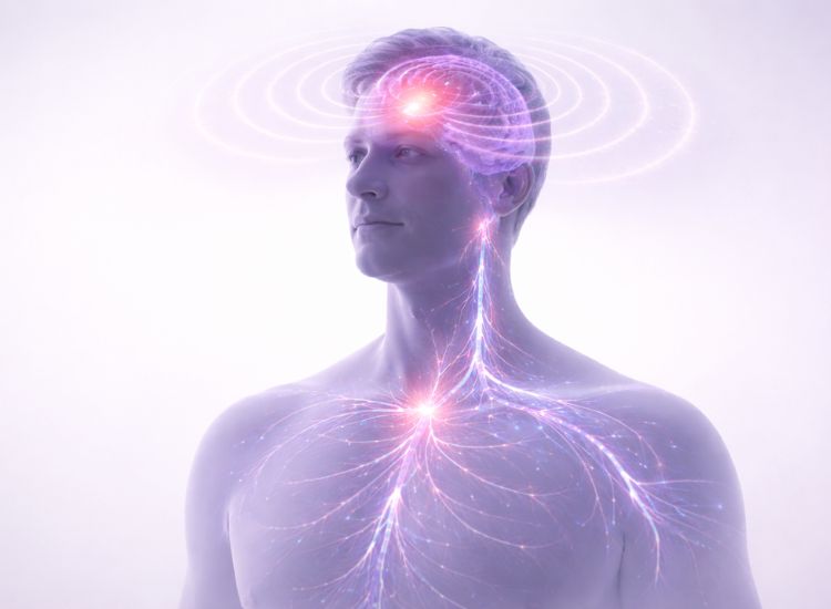 Digitally rendered human figure with glowing neural pathways connecting the brain and chest, symbolizing energy flow and mind-body connection; bright light radiates from the brain and chest, with concentric waves indicating electromagnetic activity.