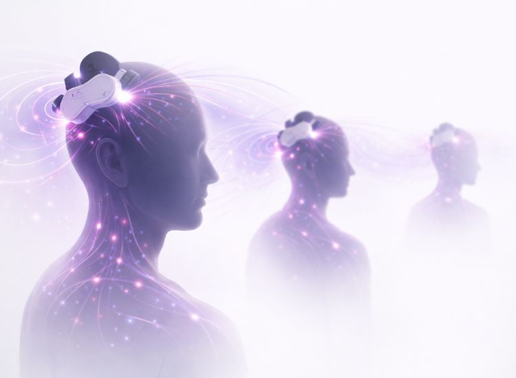 Three translucent human figures wearing brain-interface headsets, connected by glowing purple neural lines in a misty, futuristic environment.