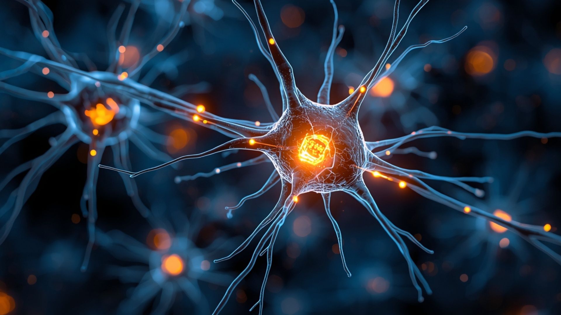 Glowing neurons with branching dendrites emit orange light against a dark blue background, conveying a sense of connectivity and complexity.