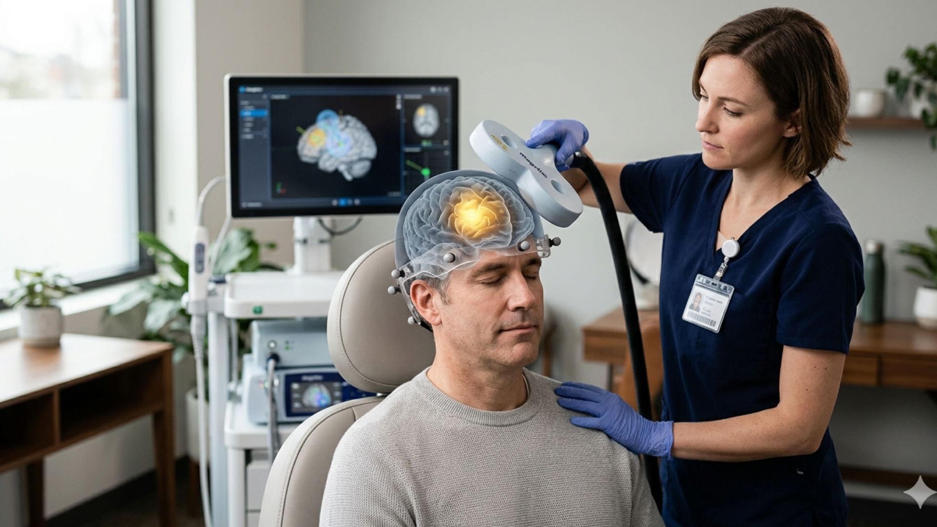 A woman in medical attire administers transcranial magnetic stimulation to a seated man. A brain image with highlighted areas is shown on a monitor.