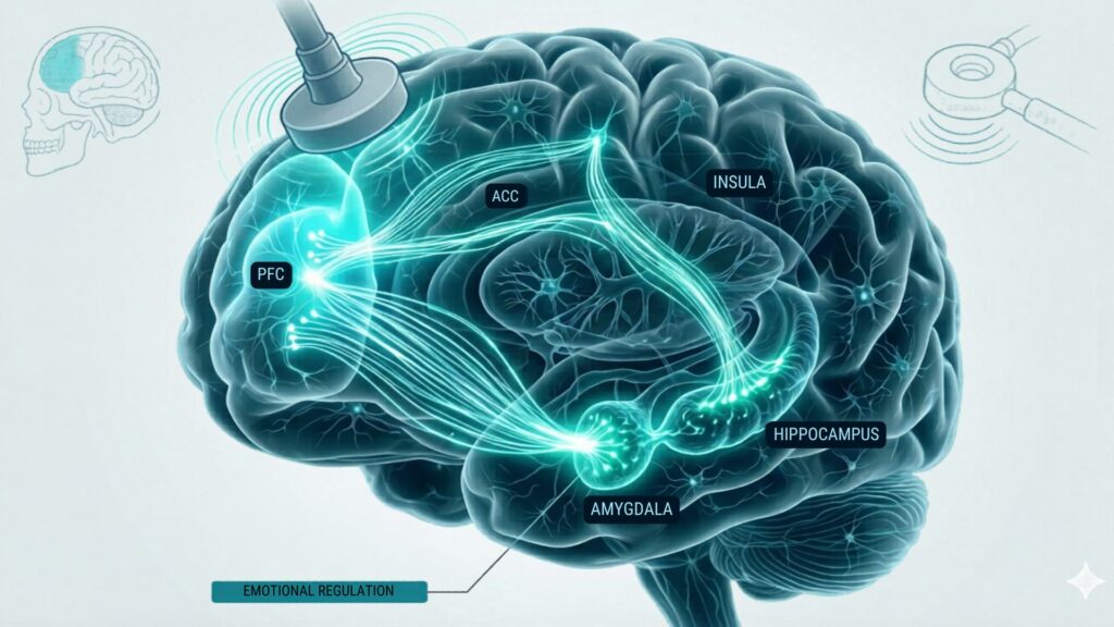 Illustration of a brain highlighting regions like the PFC, ACC, amygdala, insula, and hippocampus. Arrows represent neural pathways for emotional regulation.