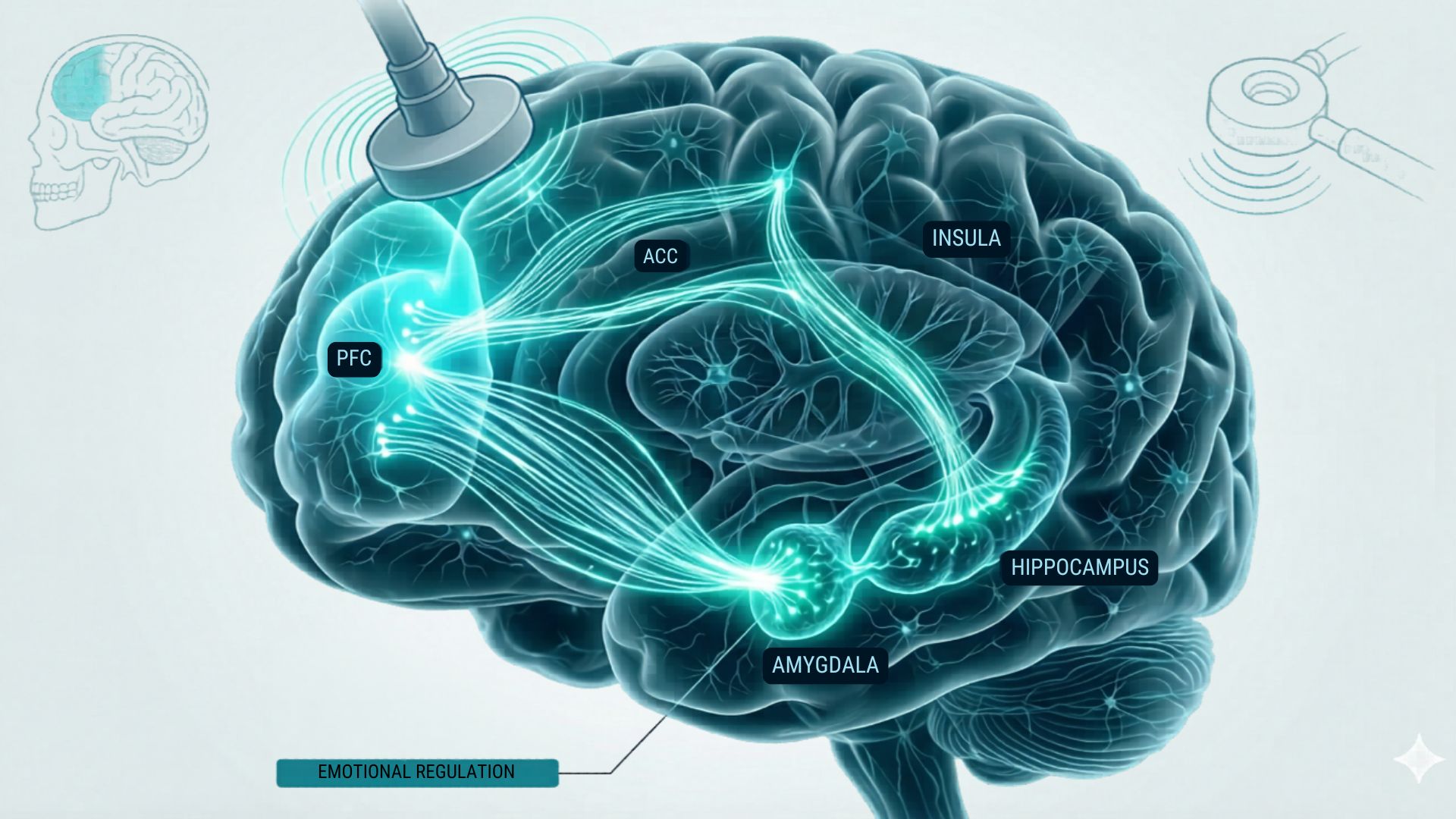 Illustration of a brain highlighting regions like the PFC, ACC, amygdala, insula, and hippocampus. Arrows represent neural pathways for emotional regulation.