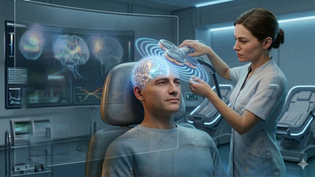 A futuristic medical setting shows a nurse adjusting a head device on a patient, surrounded by holographic brain and data charts. The atmosphere is clinical and advanced.