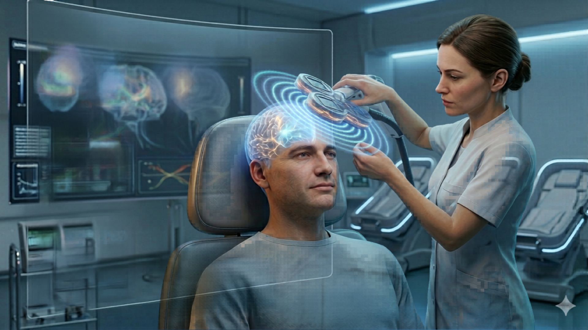 A futuristic medical setting shows a nurse adjusting a head device on a patient, surrounded by holographic brain and data charts. The atmosphere is clinical and advanced.