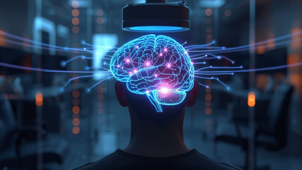 A glowing digital brain interface hovers near a person's head in a futuristic lab. Blue neural connections extend outwards, conveying innovation and technology.