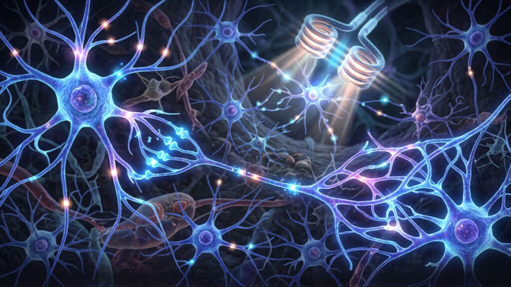 Illustration of vibrant blue and purple neurons with glowing synapses, conveying connectivity and energy. A coil emitting light adds a futuristic feel.