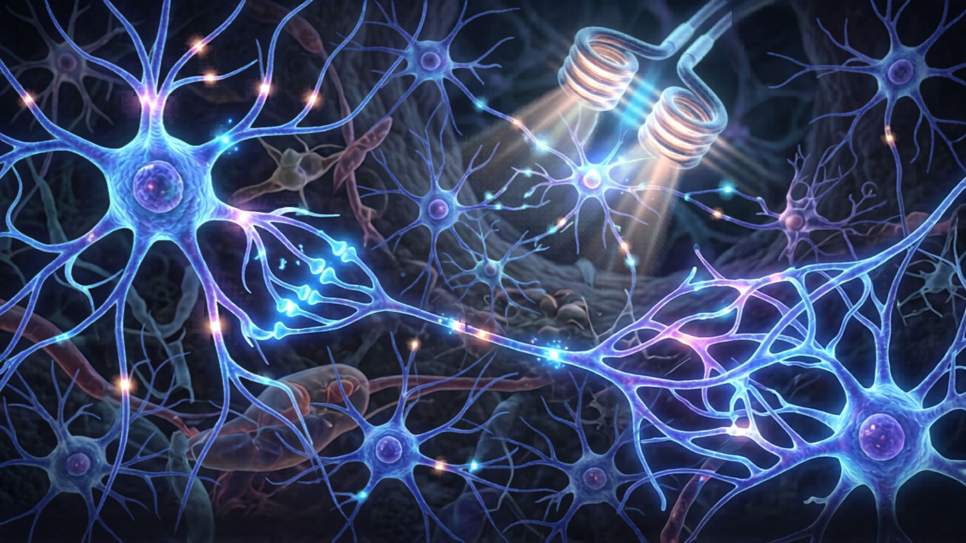Illustration of vibrant blue and purple neurons with glowing synapses, conveying connectivity and energy. A coil emitting light adds a futuristic feel.
