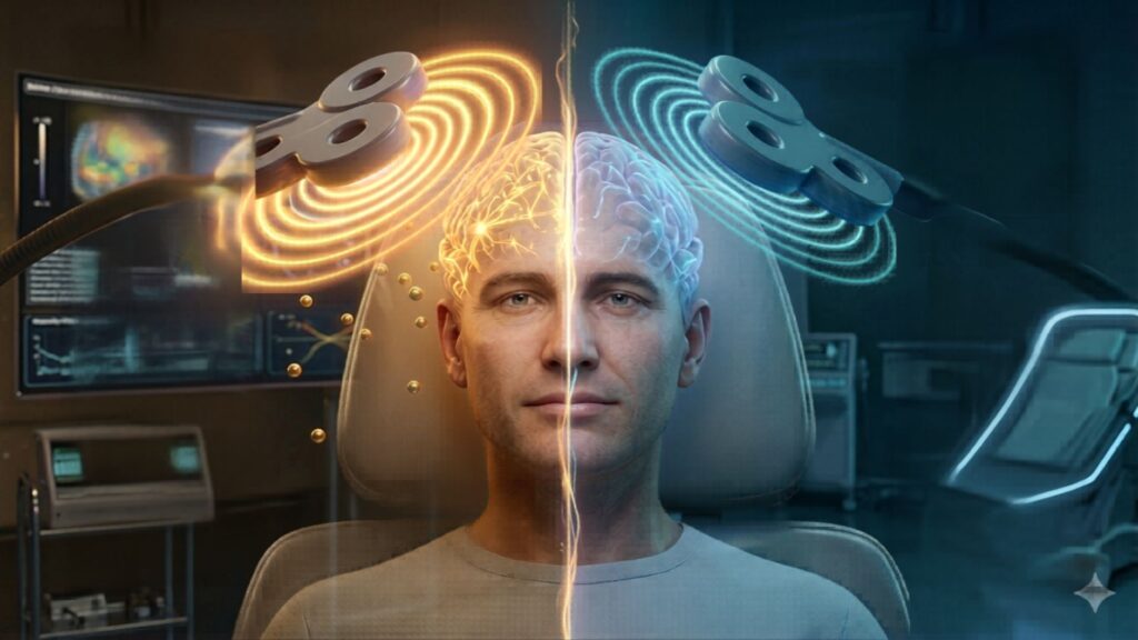 Split-screen image of a man seated with brainwaves displaying two brain stimulation methods: Left side shows activation, right side shows relaxation.