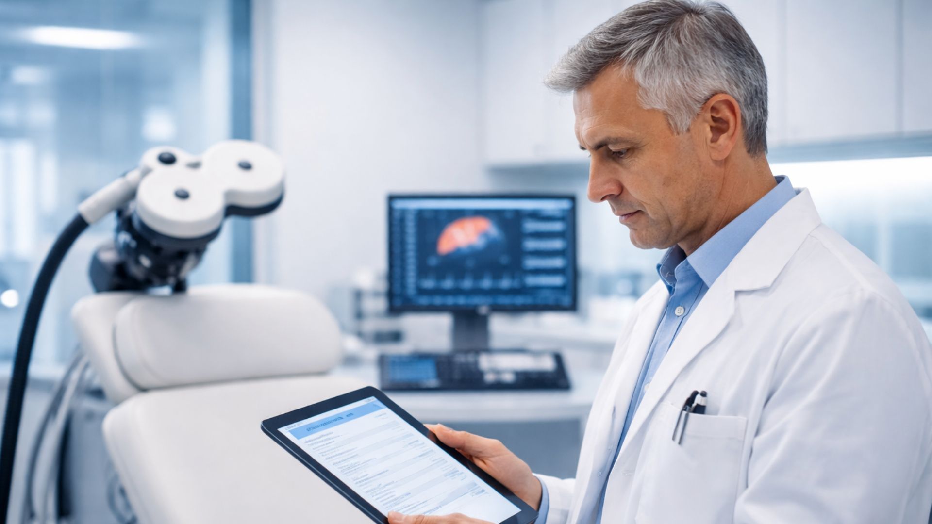 A doctor in a white coat examines a tablet in a modern medical office. Behind him is an empty chair and a monitor displaying a brain image. Focused atmosphere.