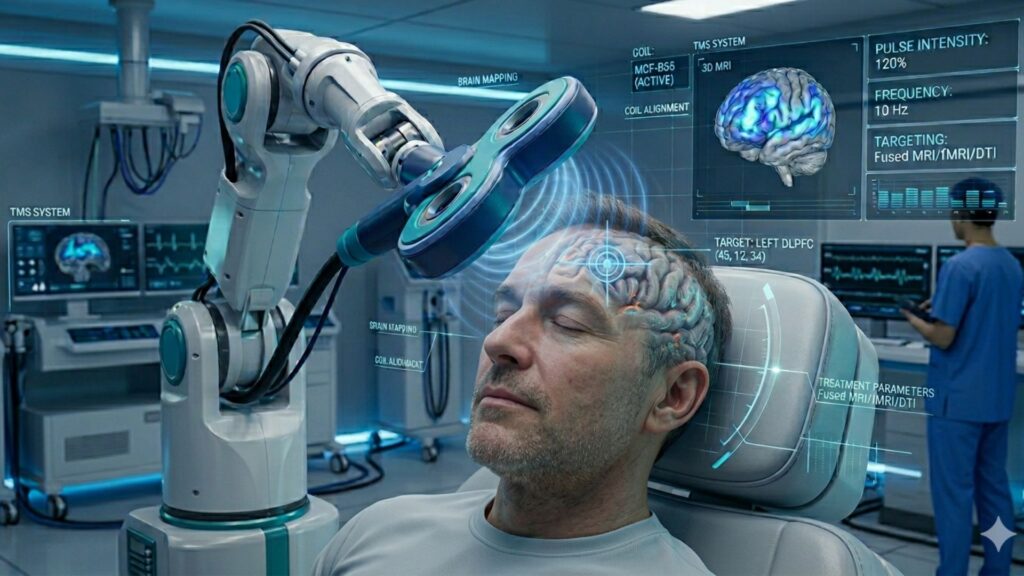 A man in a modern medical lab receives brain treatment from a robotic arm. Digital overlays display brain diagrams and data, suggesting advanced technology and precision.