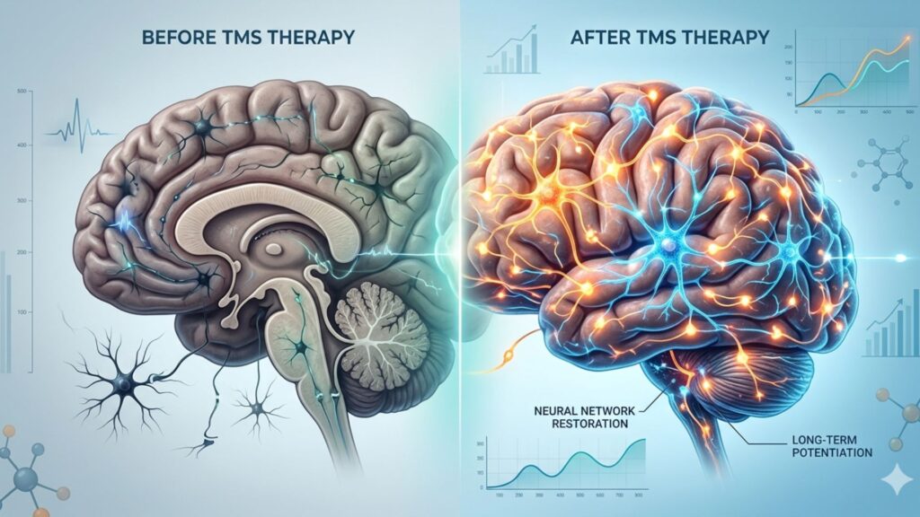Illustration of a brain before and after TMS therapy. Left: dim, fewer connections. Right: vibrant, more connections. Charts suggest improvement.