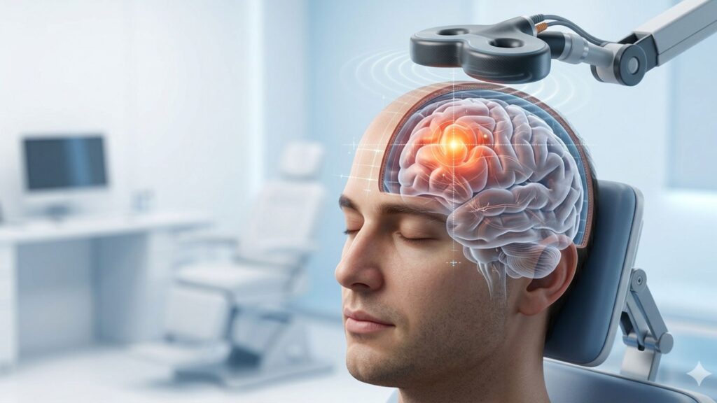 A man with closed eyes sits in a clinical setting, while a device emits waves towards a glowing spot on an illustrated brain, symbolizing brain stimulation.