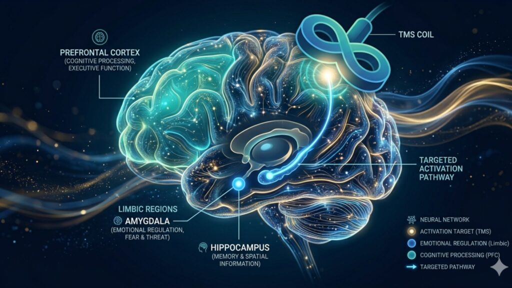 Illustration of a human brain showing cognitive regions: the prefrontal cortex, amygdala, and hippocampus. Labeled pathways indicate their functions, such as emotional regulation and memory. A TMS coil is depicted above, suggesting targeted activation therapy. The image conveys a scientific and neural complexity theme.
