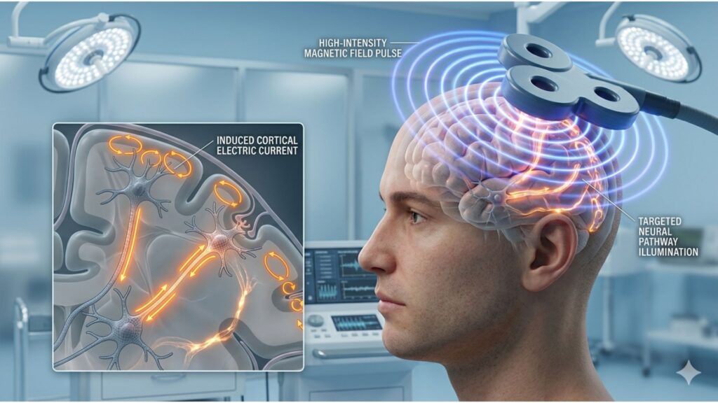 A man in a medical setting receives transcranial magnetic stimulation. Overlaid graphics show brain pathways with electric currents and the magnetic field's effect.