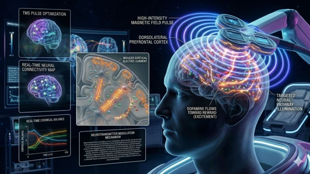 A digital illustration shows a human head with brain exposed, surrounded by scientific diagrams. High-intensity magnetic fields and neural pathways are highlighted, conveying a futuristic and scientific exploration of brain stimulation.