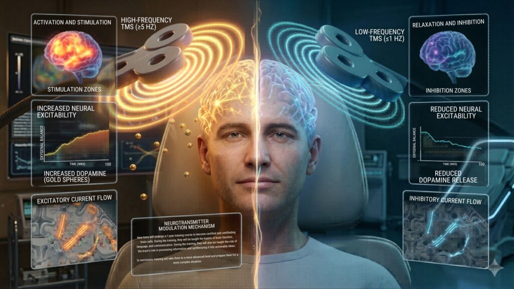 Split-screen image of a man seated with brainwaves displaying two brain stimulation methods: Left side shows activation, right side shows relaxation.