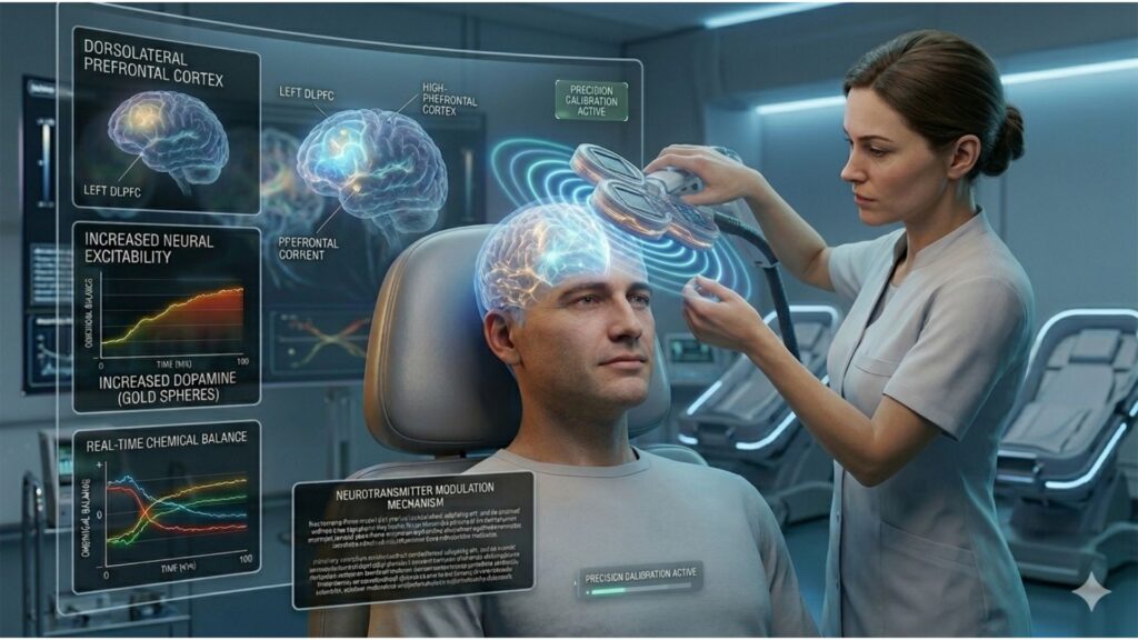 A futuristic medical setting shows a nurse adjusting a head device on a patient, surrounded by holographic brain and data charts. The atmosphere is clinical and advanced.